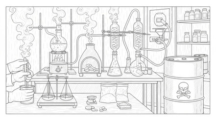 Obraz premium Detailed black and white illustration of a busy chemistry laboratory scene, showing scientific equipment, complex distillation apparatus, weighing scales, and chemical substances