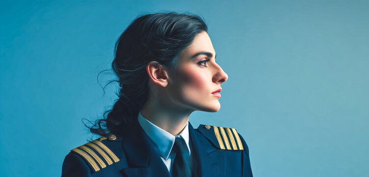 a young female pilot in a formal airline captain uniform against a neutral medium blue background