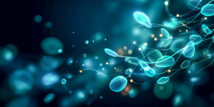 abstract bioluminescent plankton glowing in dark water marine biology concept