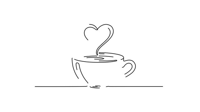 Continuous line art drawing of a cup of coffee with steam forming a heart.