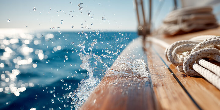  polished wooden sailboat deck with white ropes and blue ocean water for luxury maritime vacation concept