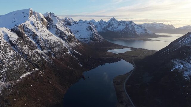 Mountains and lake views in Norway during the evening light