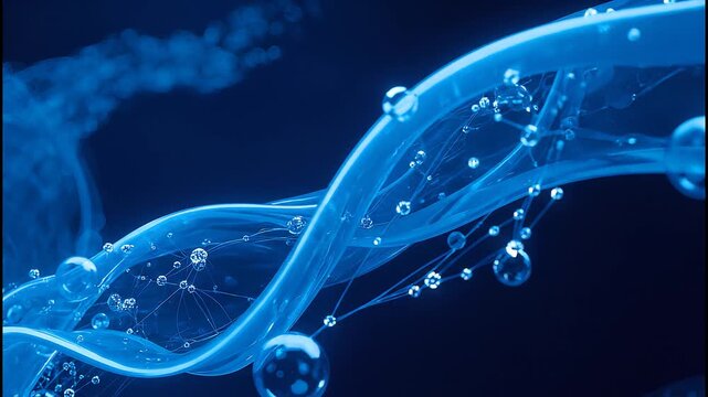 Smooth Blue Wave Ribbons With Molecular Network on Dark Background