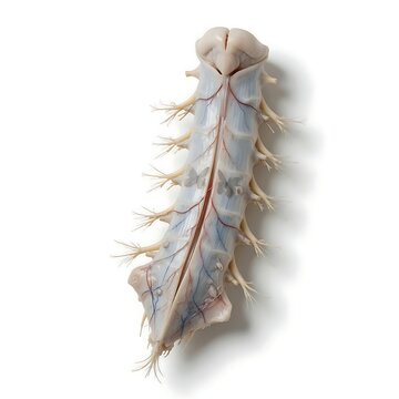 Human Spinal Cord with Nerve Roots, Blood Vessels and Cauda Equina &mdash; Full Length Anatomical Specimen Isolated on White Background