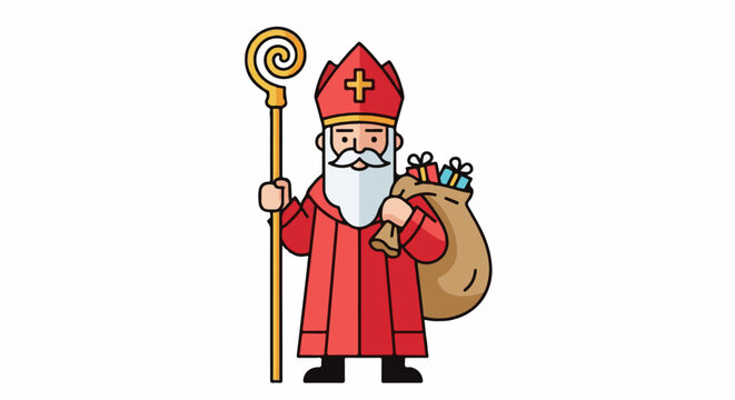 A cartoon figure in a red robe and hat with a white beard