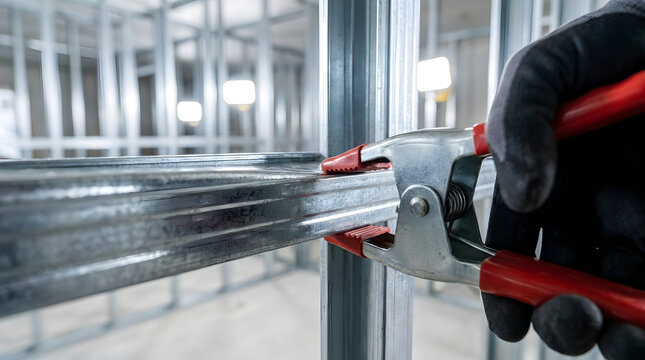 worker hand using spring clamp on metal stud framing | galvanized steel wall partitioning installation | industrial construction site metal frame assembly | securing studs with hand tools
