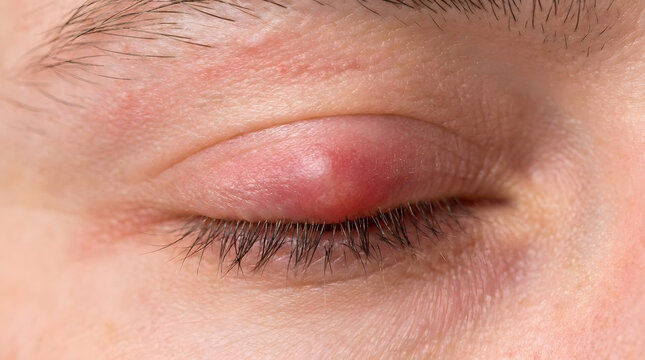 Close-up of painful hordeolum (stye) on upper eyelid, isolated on transparent background. Generated with AI