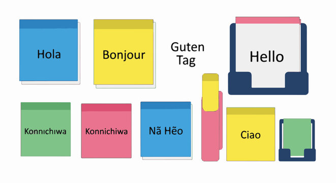 A collection of colorful sticky notes display "hello" in different languages