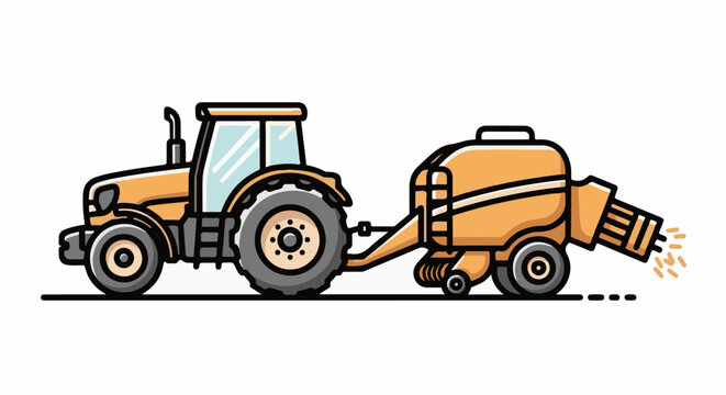A cartoon yellow tractor pulls a baler, collecting hay or straw for farming