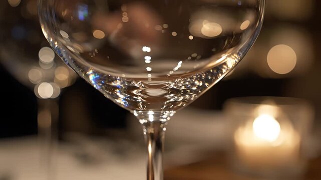 Closeup of a clear wine glass filled with water soft bokeh lights in background.
