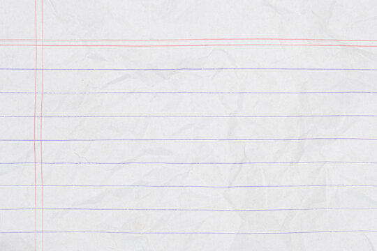 Crumpled Lined Notebook Paper Texture Background Full Frame Blank White Exercise Book Sheet with Red Margin and Blue Horizontal Lines Close Up Template
