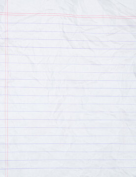 Crumpled Lined Notebook Paper Texture Background Full Frame Blank White Exercise Book Sheet with Red Margin and Blue Horizontal Lines Close Up Template