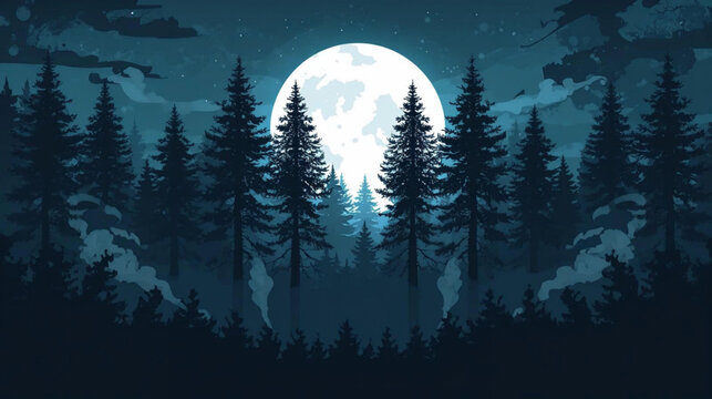 Dark forest. Gloomy dark scene with trees, big moon, moonlight.  Abstract dark, cold street background. Night view.