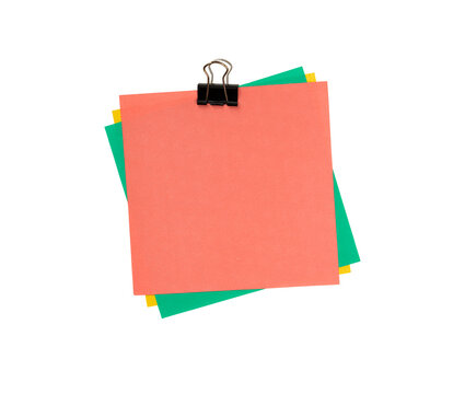 Stack of Colorful Square Sticky Notes Binder Clipped Isolated on Transparent Background.