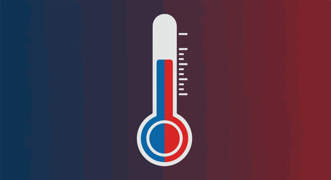 A thermometer graphic showing both red and blue liquid levels with a dark background