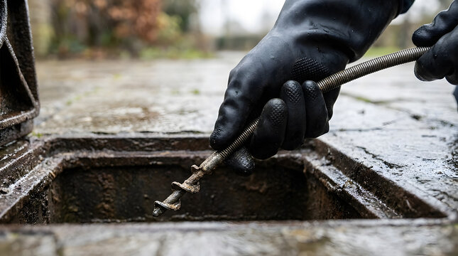 professional drain cleaning services | unblocking sewage pipes with drain rods | plumber using metal auger in manhole | domestic drainage maintenance and repair