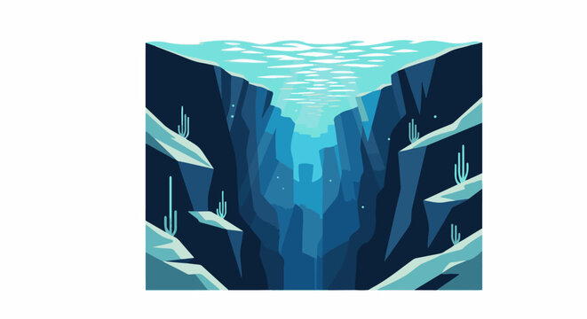 Deep ocean trench with light rays filtering through blue water