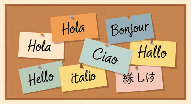 Diverse greetings in multiple languages displayed on colorful sticky notes pinned to a corkboard