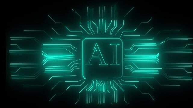 Futuristic Ai technology chip with glowing neural network and digital data flow in vibrant purple and black background. Artificial intelligence technology logo landing. 