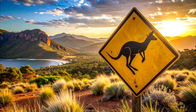 A serene Australian landscape with a kangaroo crossing sign