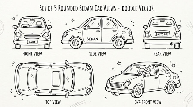 Set of five rounded car views doodle illustration.