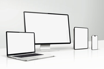 Obraz premium A mockup of computer screen, laptop, tablet, smartphone on a table
