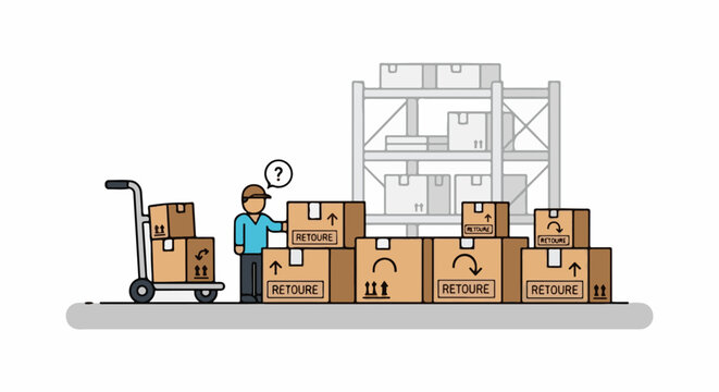 A confused worker stands by a cart of packages in front of a warehouse with many boxes