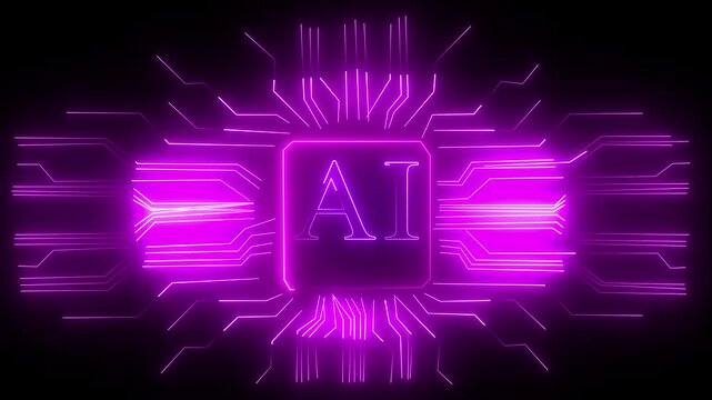 A vibrant pink collar glowing neon. Pink collar neon security circuit board abstract protection 4K video. Glowing neon AI technology intranet logo Network and black background 