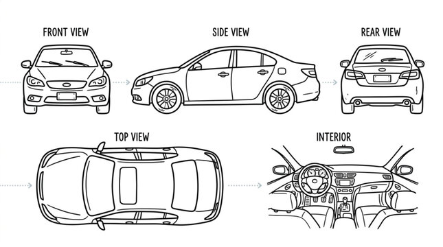 Car blueprint showing front side top rear views and interior.