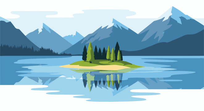 Serene mountainous lake with a small forested island reflection
