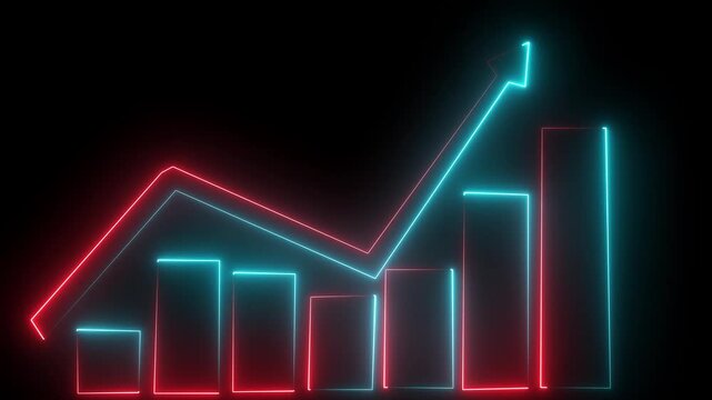 Glowing neon growth bar graph sign Animation on black background and 4K video. Business technology growth concept animated feature chart icon. 