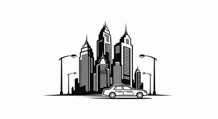 Fototapeta premium Stylized black and white cityscape with a taxi