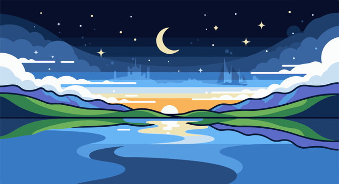 Pixel art landscape at twilight, with moon, stars, sails, and reflection