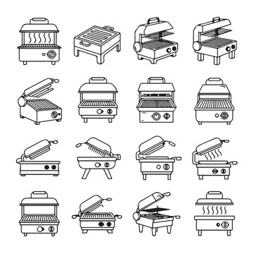 Assorted electric indoor grills and panini presses in clean line art style