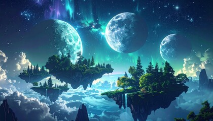 Obraz premium Fantasy scene floating islands with trees, moons, and aurora borealis