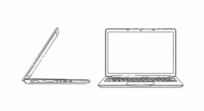 Two views of a laptop computer side profile and front view