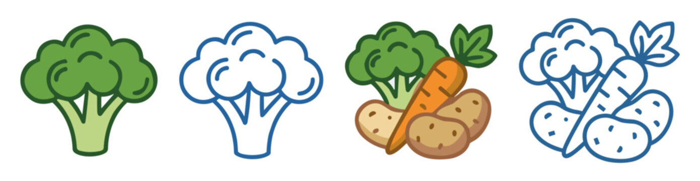 Broccoli, carrot and potato vegetable vector icon set with healthy food symbols on transparent background