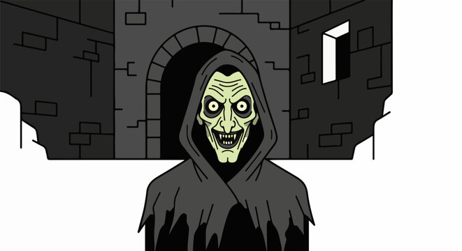 A frightening figure in a hooded cloak stands before a dark castle entrance