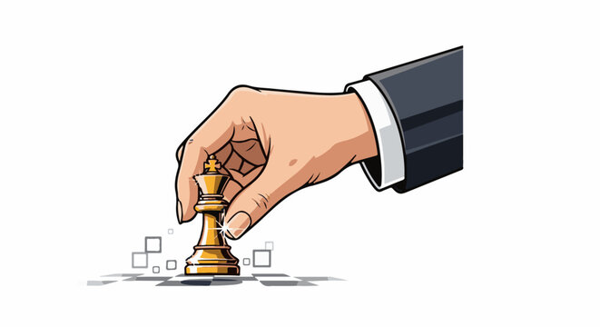 A hand in a suit jacket places a golden king chess piece on a chessboard