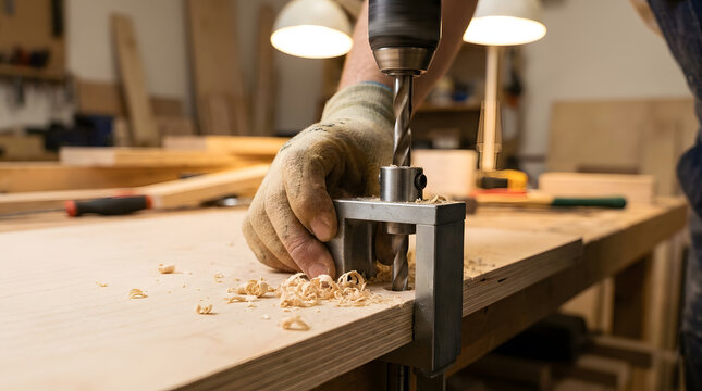Professional woodworker drilling with metal jig | Carpenter hand using electric drill on plywood | Precision woodworking tools for furniture making | Industrial workshop craftsman at work