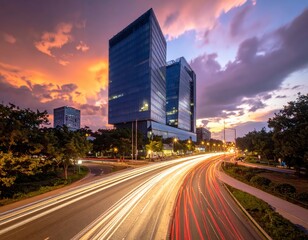 Fototapeta premium Twilight Cityscape with Light Trails and Glass Office Towers