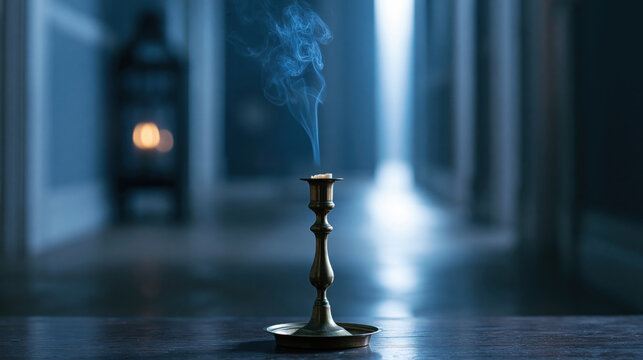 Ornate brass candlestick with wisps of smoke