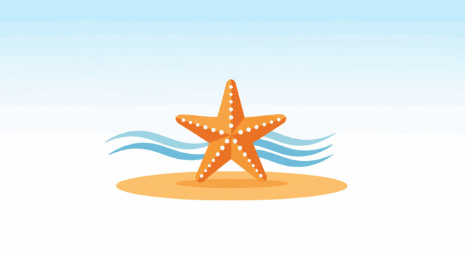 Stylized orange starfish on a sand patch with waves and sky