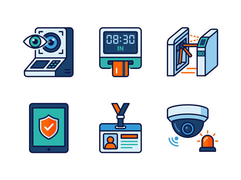 This image features various digital security system icons including surveillance cameras, access control, and identity verification, showcasing modern security measures in today&rsquo;s world.