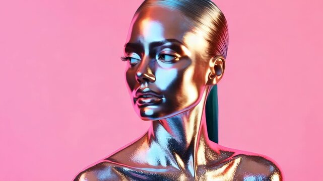Futuristic chrome woman portrait on vibrant pink background expressing modern beauty standards digital aesthetics and surreal identity with reflective metallic skin and bold artistic fashion style