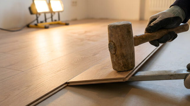 professional laminate floor installation | hand using wooden mallet and pull bar | home renovation hardwood flooring project | worker installing click lock wood planks