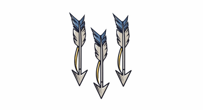 Three rustic arrows with feathered fletchings and yellow accents descend
