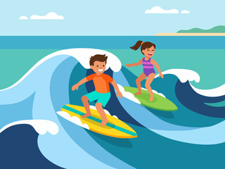 Obraz premium children surfing ocean waves illustration adventure sport lifestyle