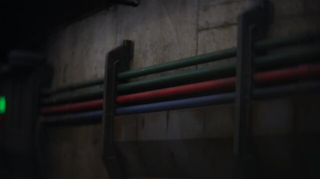 Pipes mounted on a rough concrete wall inside a dark industrial hallway, parallel conduits forming strong leading lines into the distance. Moody lighting and shallow focus enhancing texture, depth, an