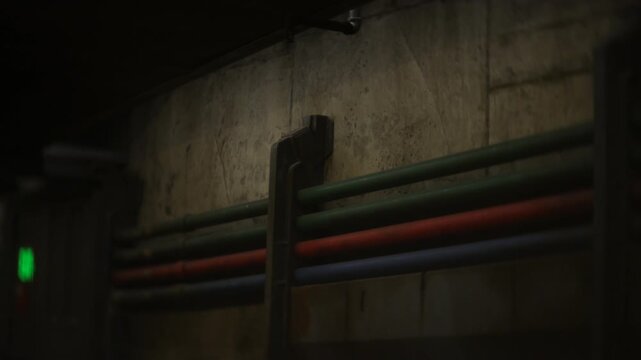 Pipes arranged in parallel lines on a worn concrete wall, colored conduits creating contrast in a low light industrial setting. Cinematic angle and soft focus highlighting depth, structure, and gritty